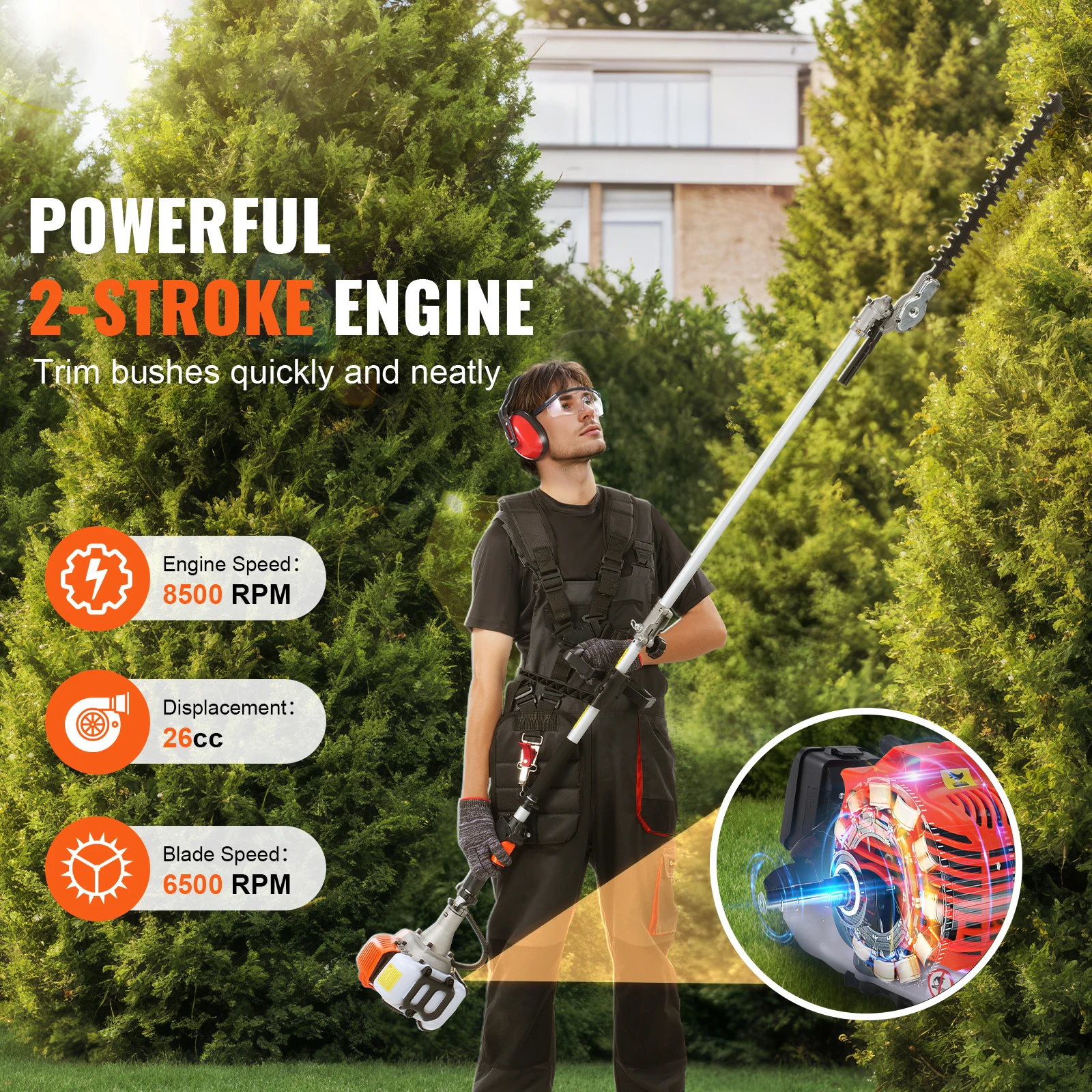 26CC 5-in-1 Multi-Functional Trimming Tools Gas Hedge Trimmer Weed Eater String Trimmer Edger Pole Saw Chainsaw Pruner - Image 2