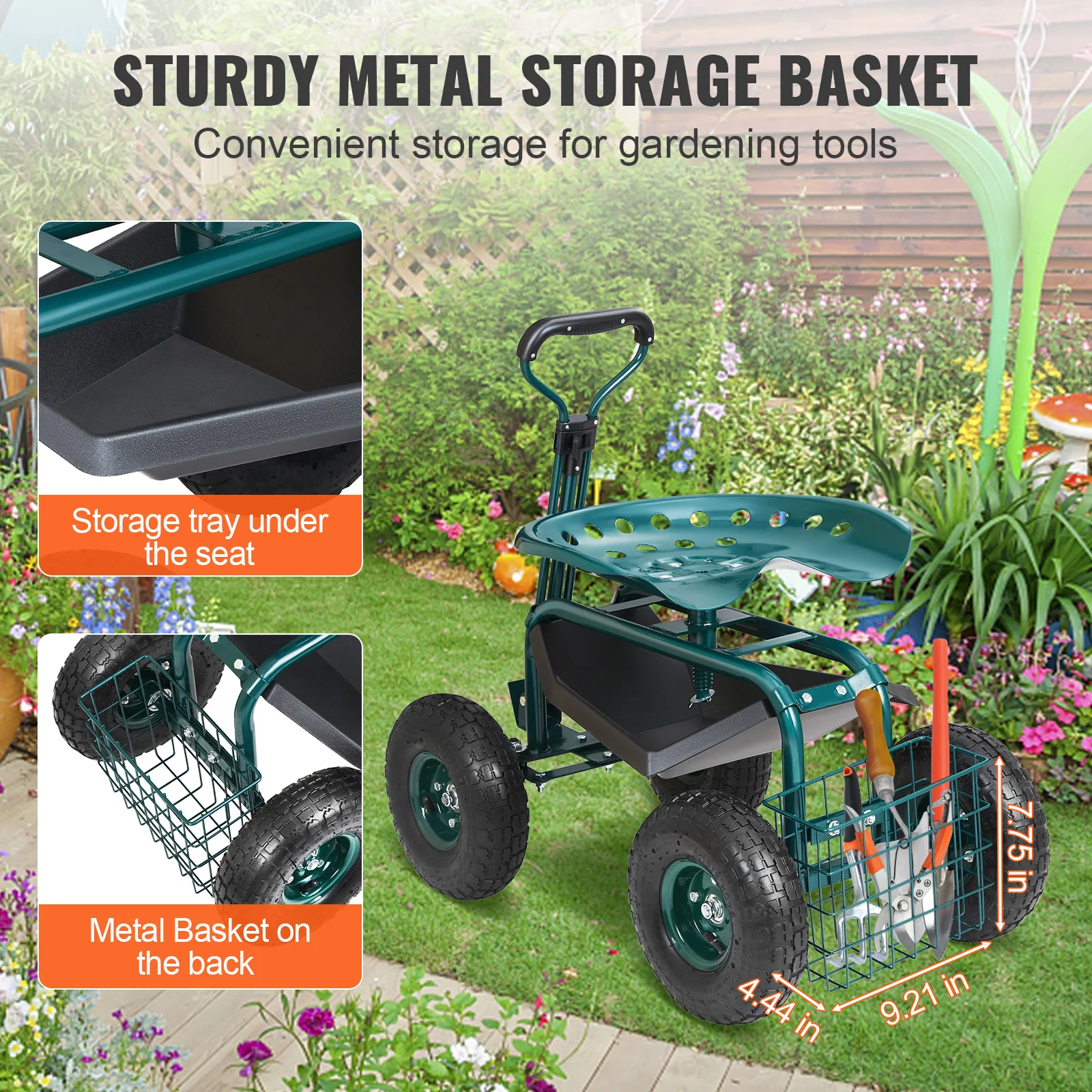 Garden Cart Rolling Workseat with Wheels Gardening Stool for Planting 360Degree Swivel Seat Wagon Scooter with Steering - Image 3