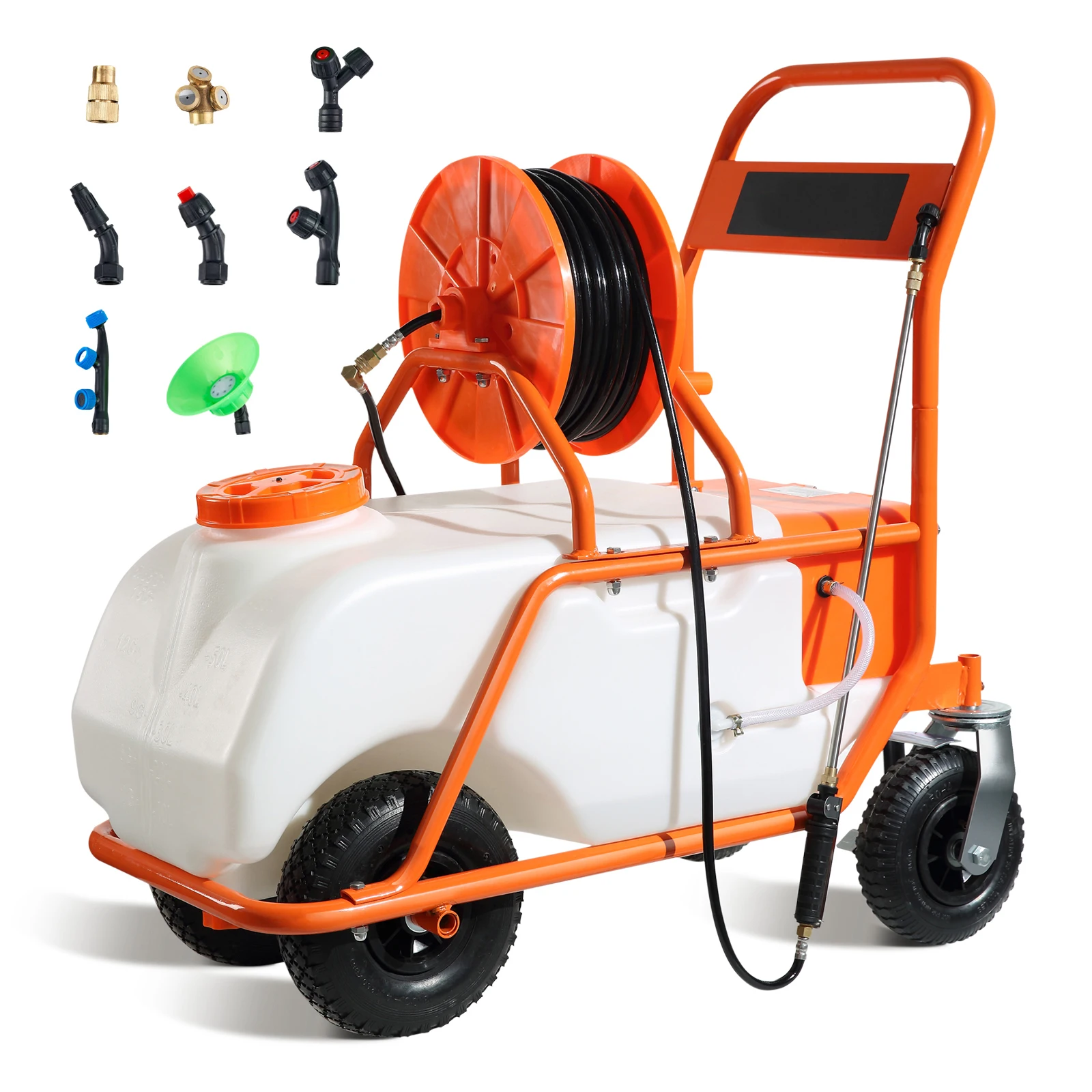 Battery Powered 15 Gal Garden Weed Sprayer with Wheeled Cart 126FT Hose with Reel 8 Nozzles 2 Wands with Lock for Crop