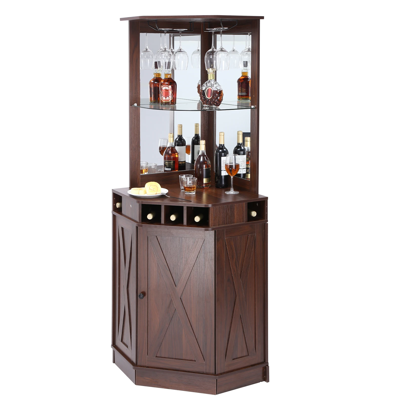 Corner Industrial Bar Cabinet Wine Table for Liquor & Glasses Sideboard Buffet Cabinet with Glass Holder Black Walnut