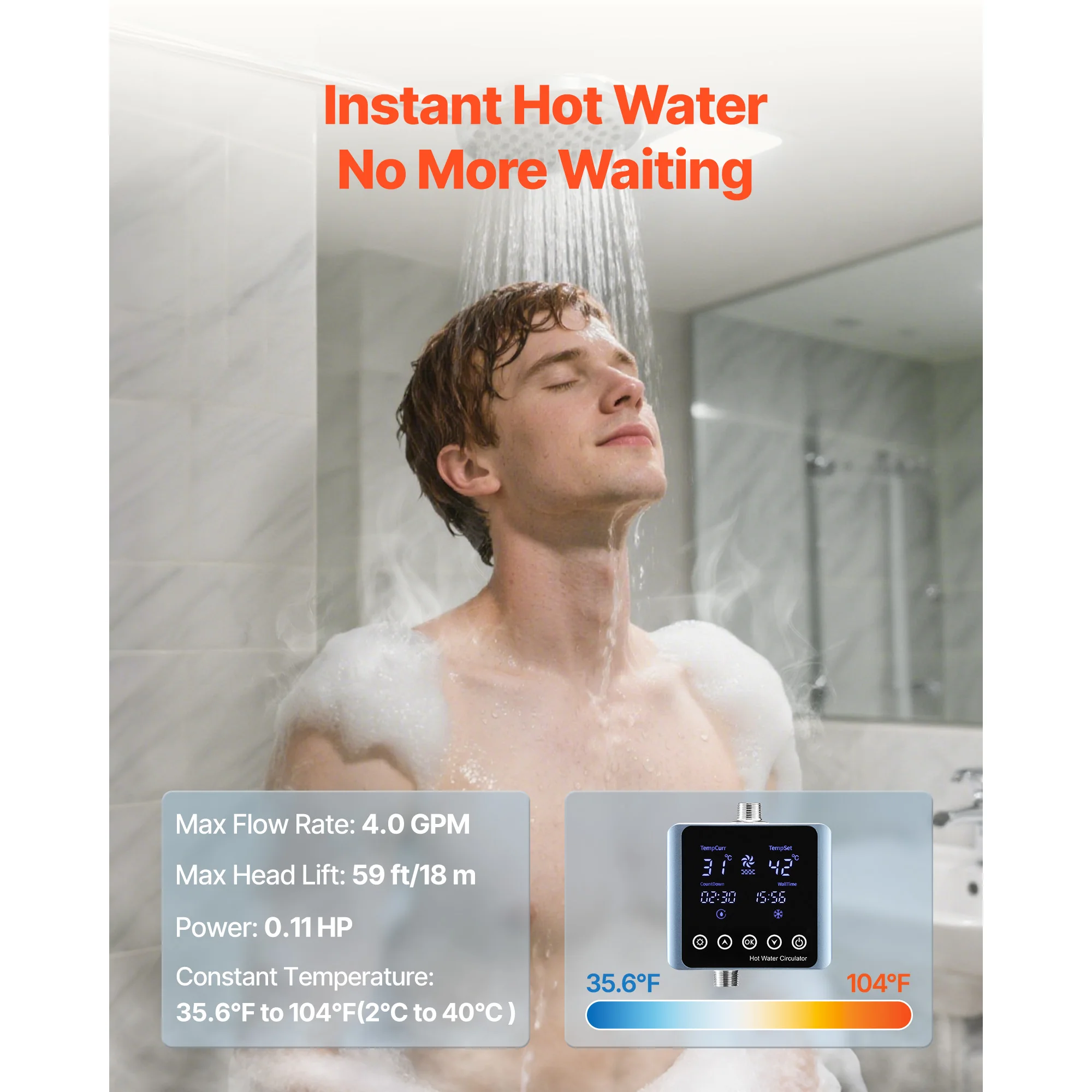 Digital Smart Instant Hot Water Recirculating Pump Kit with Built-in Thermostat Timer Digital Screen for Water Heaters - Image 2