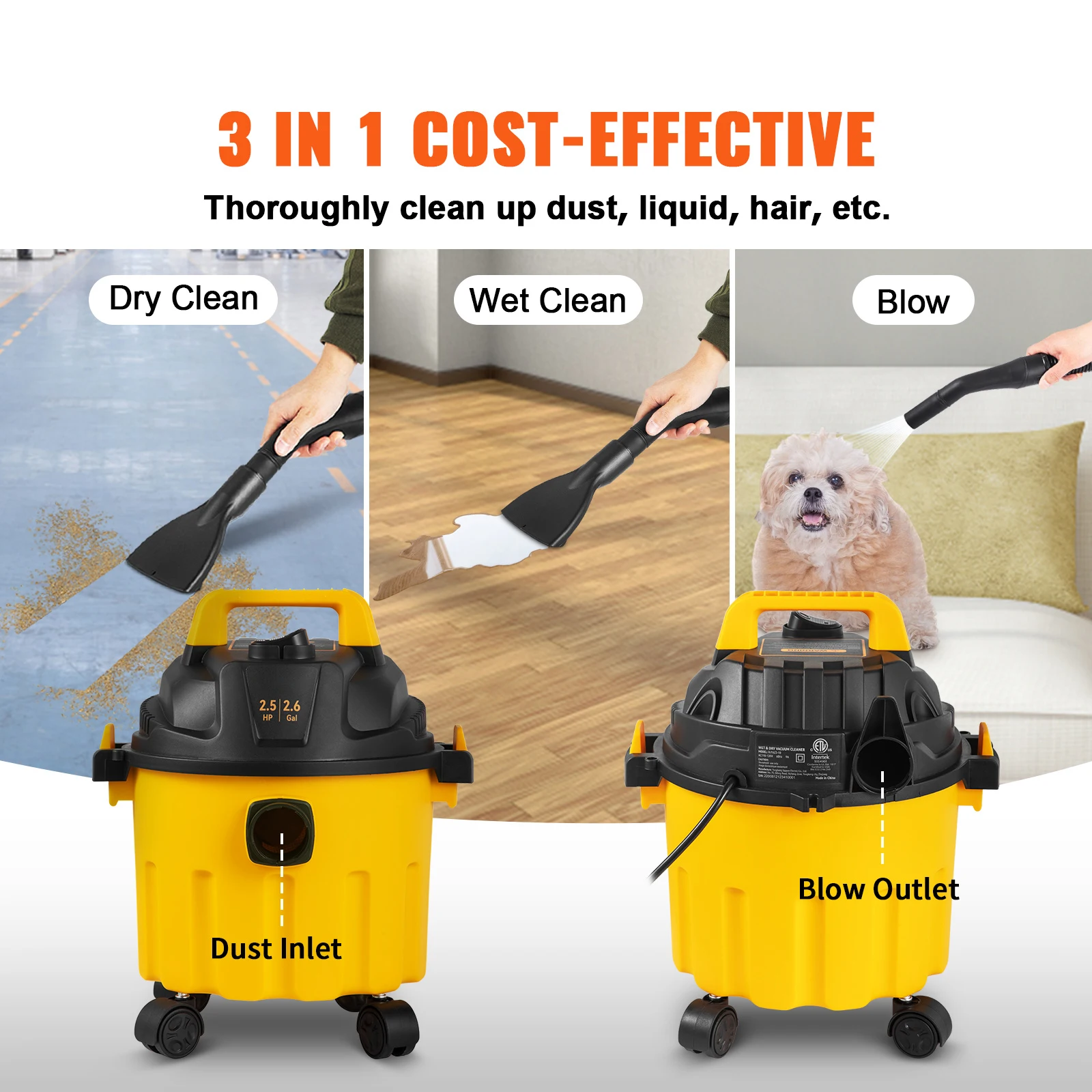 Wet Dry Vac 2.6 Gallon 2.5 Peak HP 3 in 1 Portable Shop Vacuum with Blowing Function Attachment Storage for Floor - Image 3