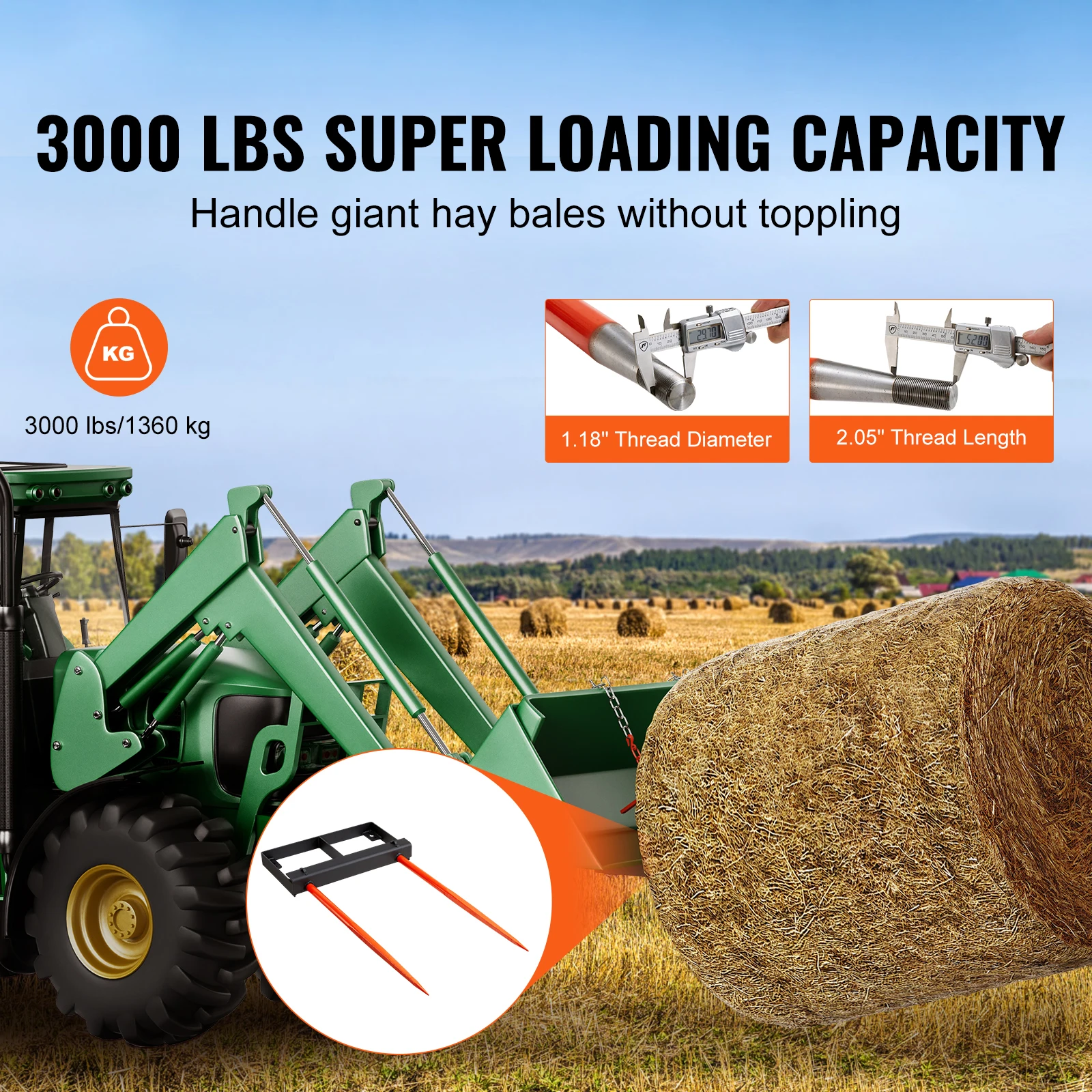 49" Hay Spear Bale Spears 3000lbs Loading Capacity Skid Steer Loader Tractor Bucket Attachment with Stabilizer Spears - Image 2