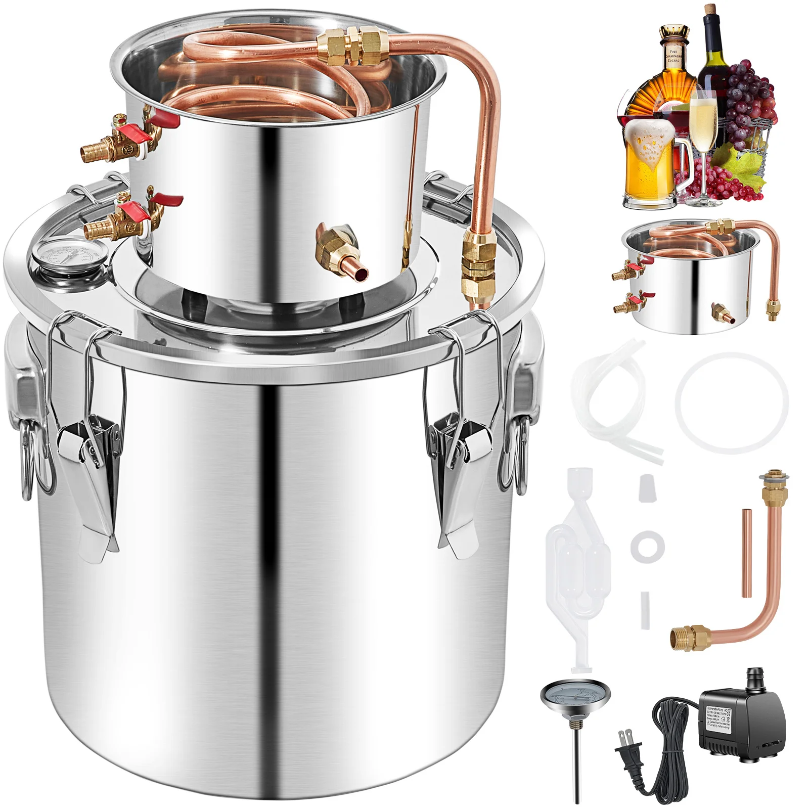 50L Moonshine Still Alcohol Distiller w/ Water Pump Stainless Copper DIY Home Brew Ethanol Wine Essential OilBrewingKit