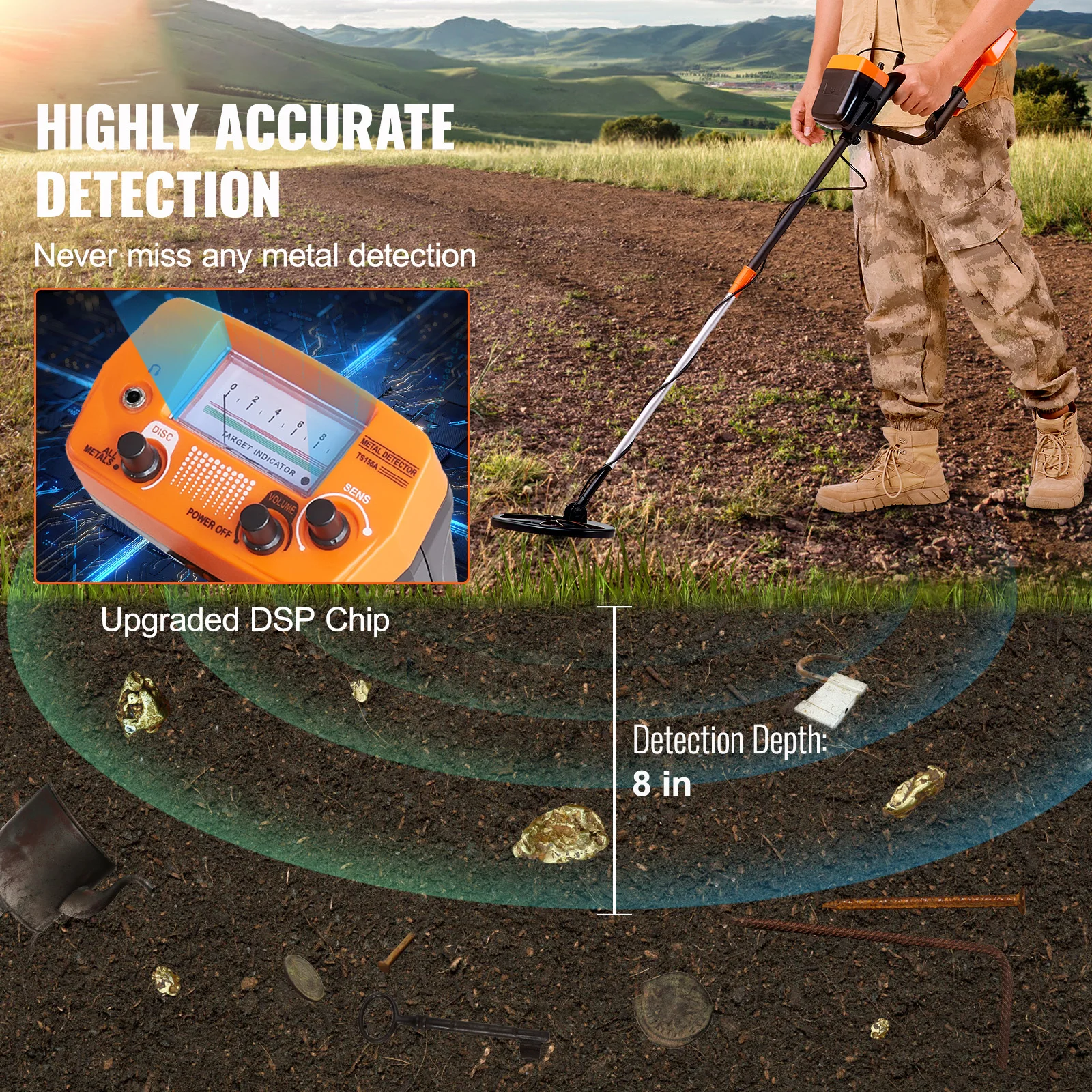 Metal Detector 8Inch Waterproof Search Coil & High Accuracy Pointer Display Adjustable 38''-49'' Aluminum Stem Detector - Image 2