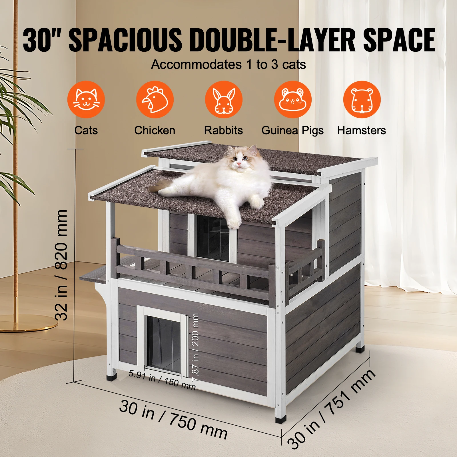 Outdoor Cat House Weatherproof Feral Cat Shelter 2-story Large Outdoor Wooden Cat House with Balcony Door and Open Roof - Image 6