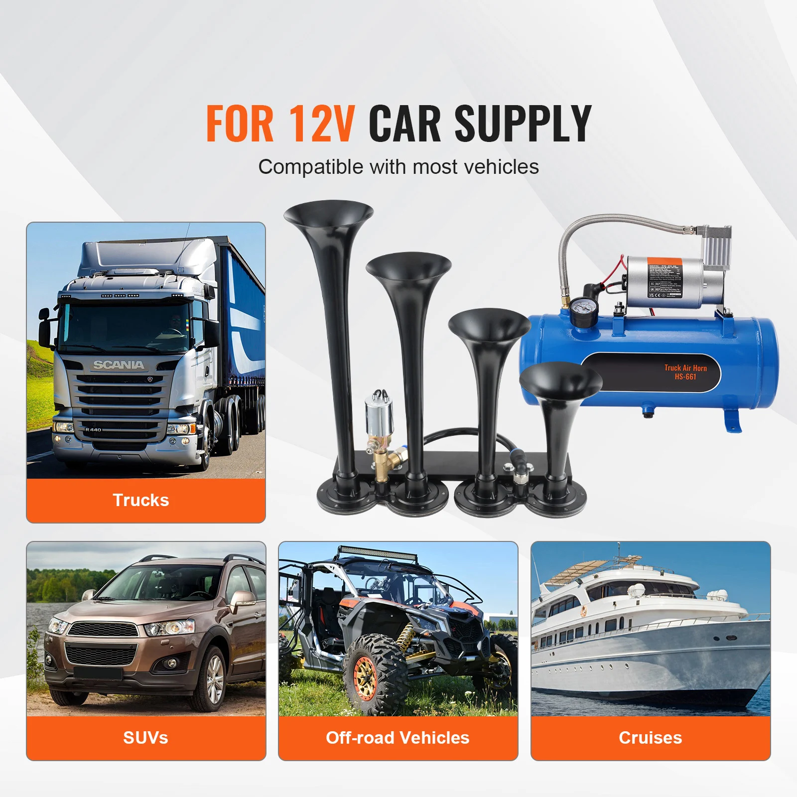 Train Horns Kit 4 Trumpet Air Horn Kit 150dB Train Horns 12V Air Compressor with 3/6/10L Tank, for Pickup Trucks Train - Image 9