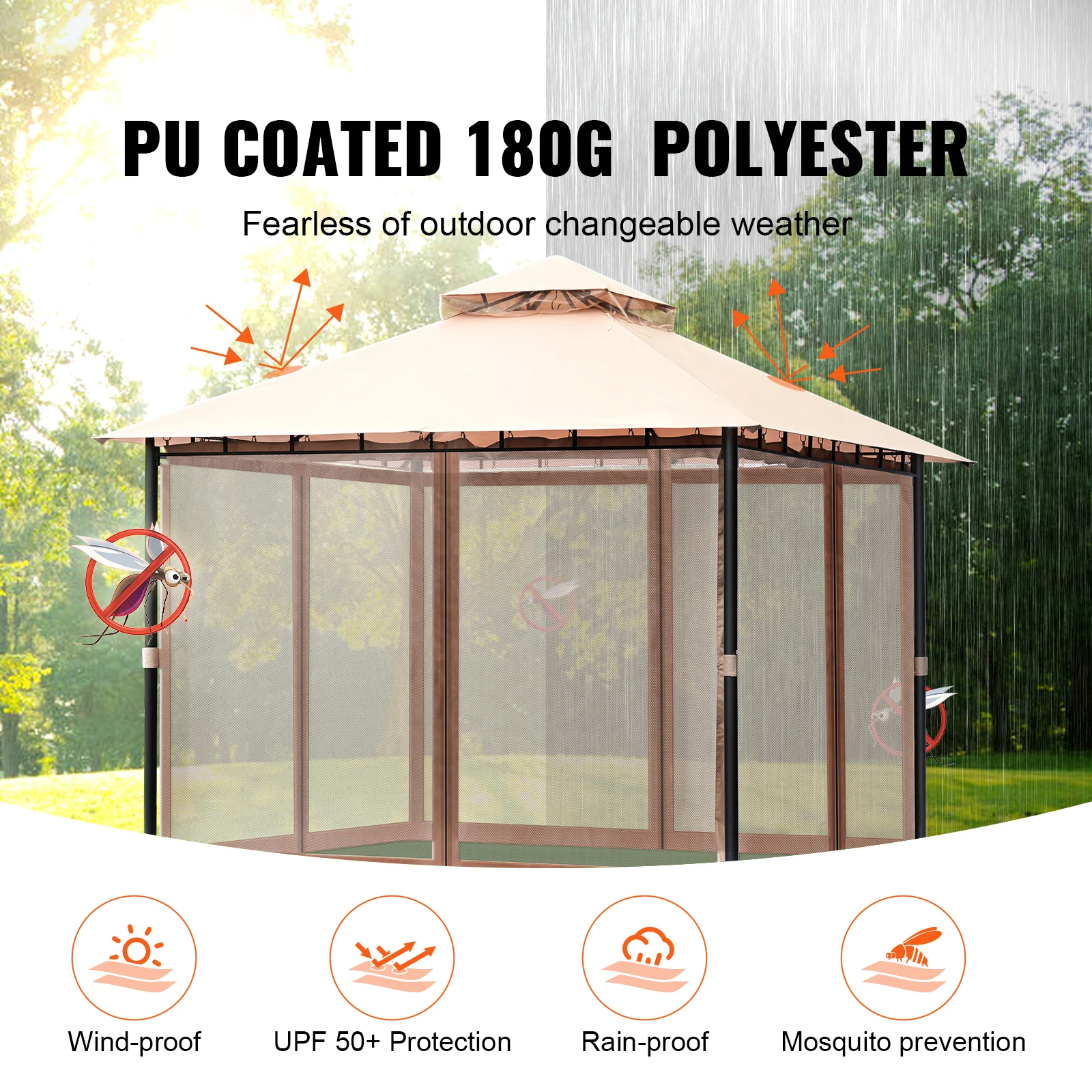 11x11ft/10x10ft/10x13ft Portable Gazebo PU Coated 250D Garden Market Waterproof Collapsible Canopy Tent for Outdoor - Image 2
