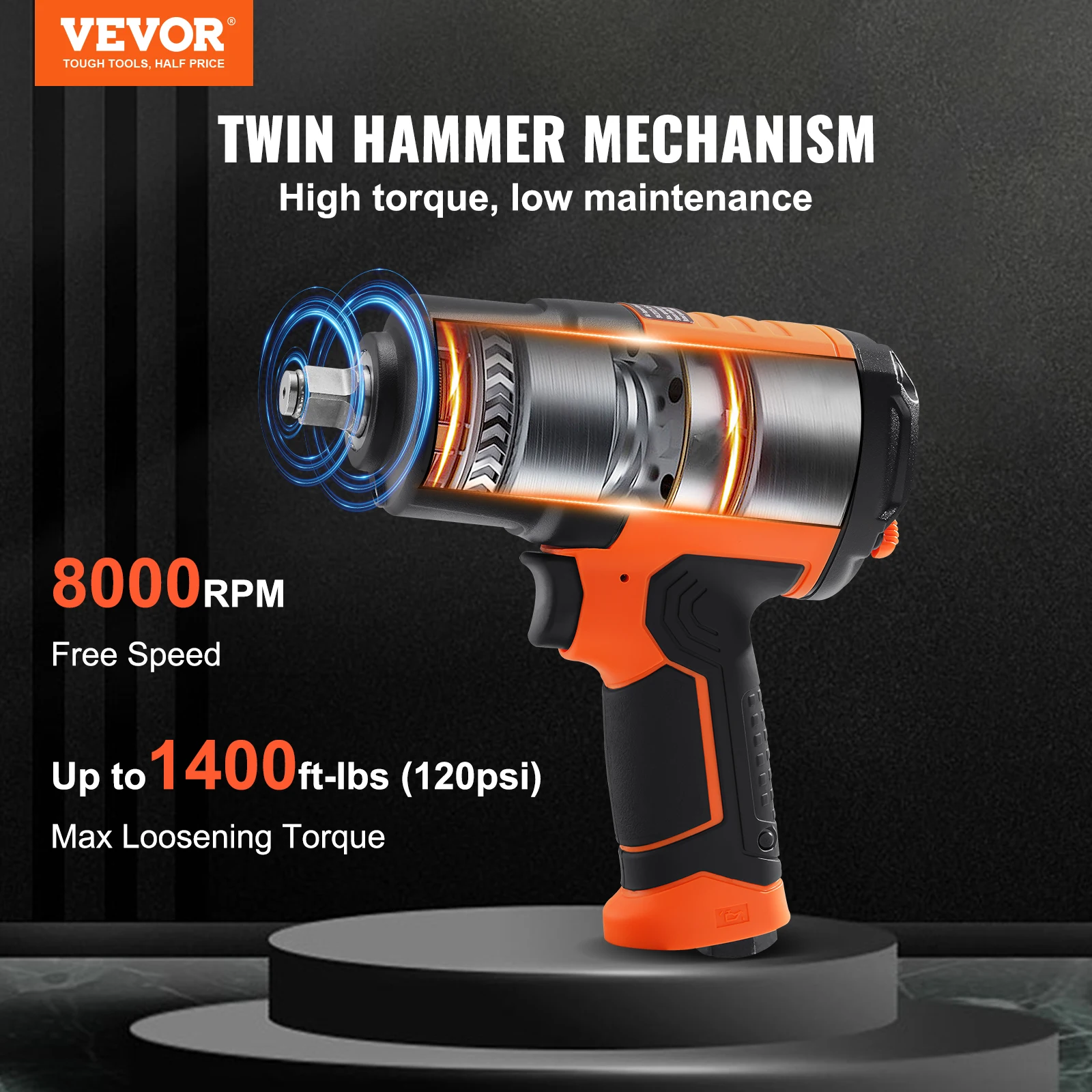 Lightweight 4.6 lb Design Pneumatic Impact Gun with 11-PCS 1/2-Inch Drive CR-V Steel Impact Socket Set & Carrying Case - Image 2
