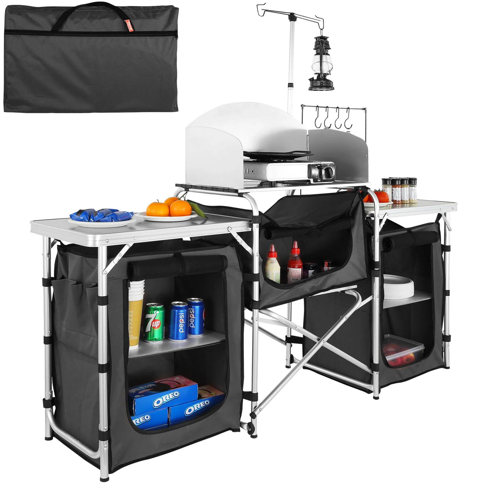 Camping Kitchen Table Folding Outdoor Cooking Table with Storage Carrying Bag Aluminum Cook Station for Picnics BBQ RV