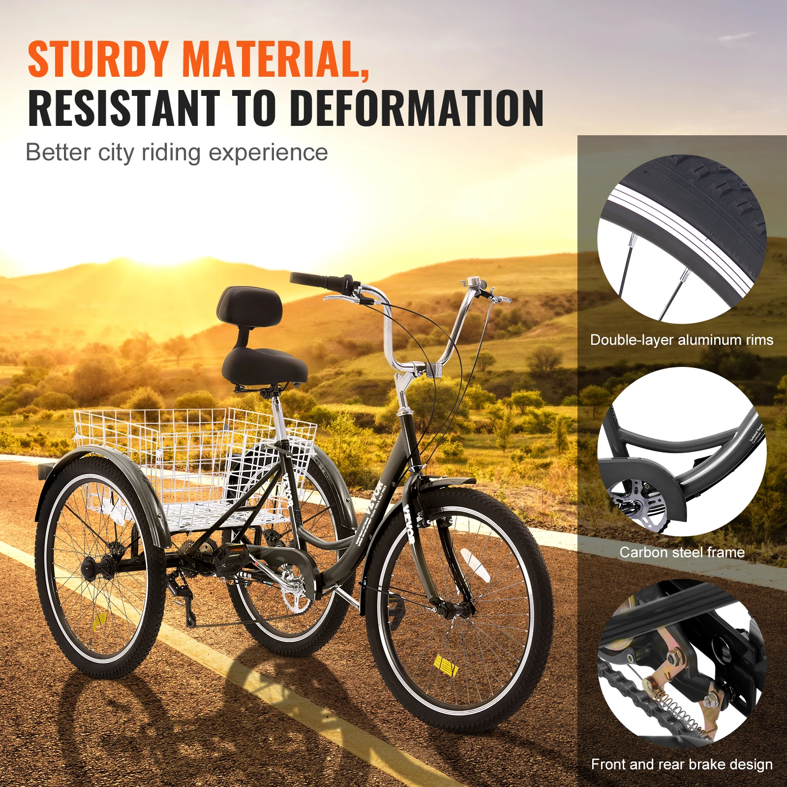20inch 7 Speed Adult Tricycles Bike Adult Trikes 3-Wheeled Bicycles Carbon Steel Cruiser Bike with Basket - Image 4