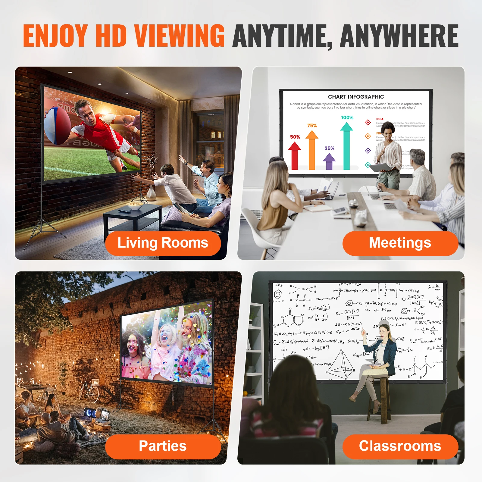 Projector Screen with Stand 100 120 150 inch 16:9 4K 1080 HD Portable Projection Screen for Home Office Theater Cinema - Image 6