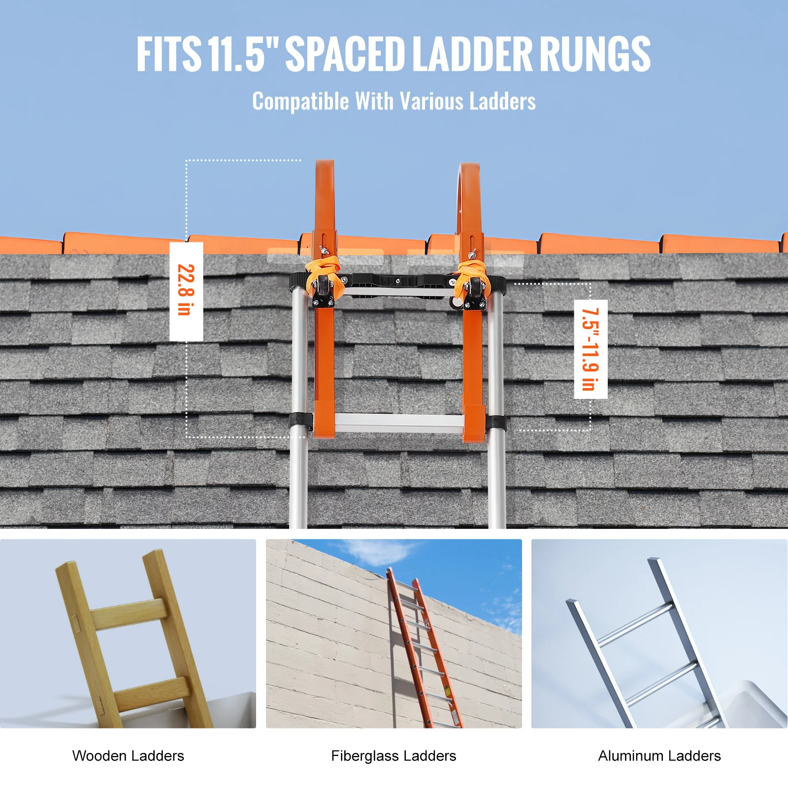 Orange/Black Ladder Roof Hook Heavy Duty Steel Ladder Stabilizer Roof Ridge Extension Rubber Grip T-Bar 500 lbs - Image 4