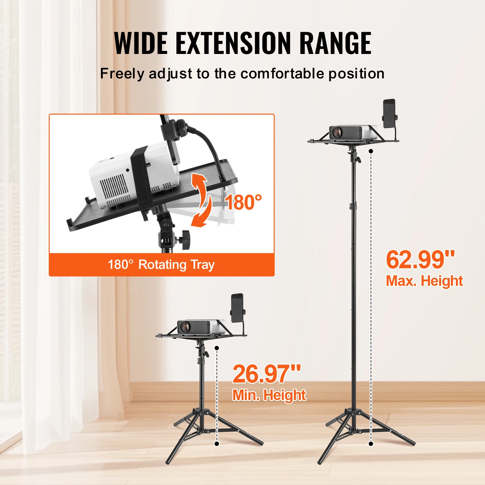 Portable Projector Tripod Stand Adjustable Height w/ Tray & Gooseneck Phone Holder for Outdoor Movies Home Office Stage - Image 3