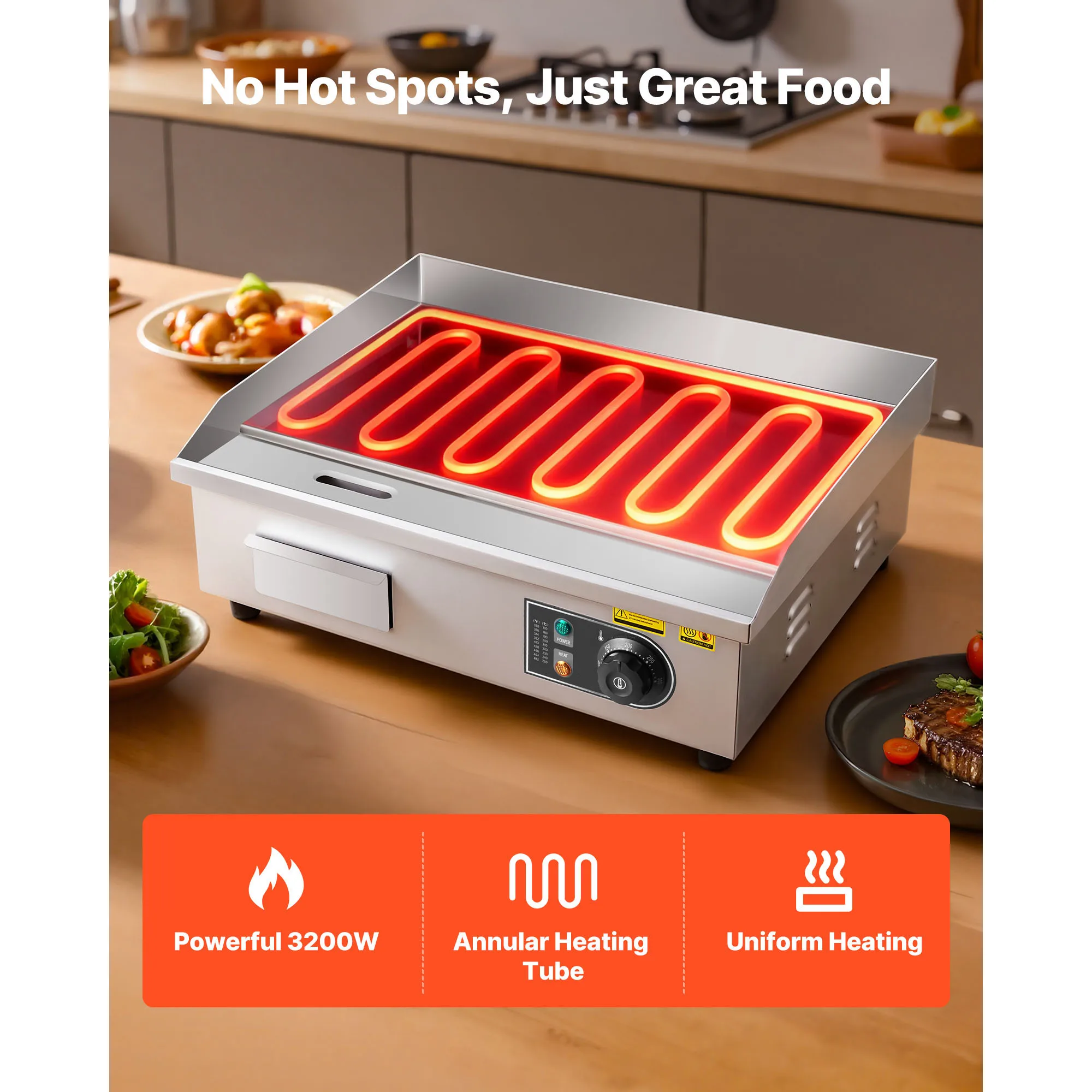 Commercial Electric Griddle 50-300°C Adjustable Temp Control, Stainless Steel Countertop Flat Top Grill for Steak, Panc - Image 2