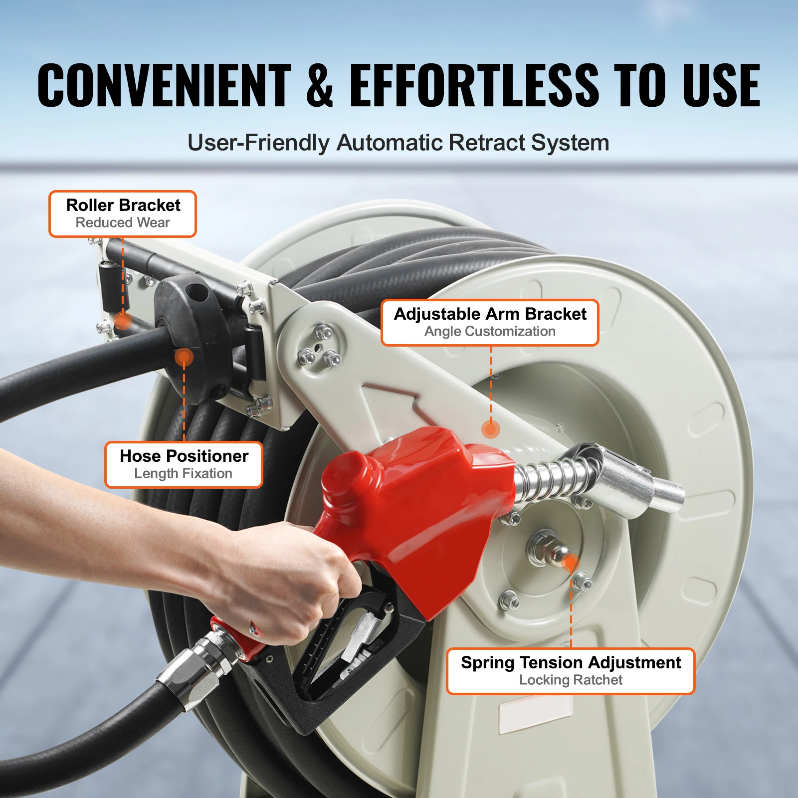 3366ft Fuel Hose Reel Extra Long Retractable Spring Driven Auto Swivel Rewind for Auto Repair Heavy Industries 300 PSI - Image 4