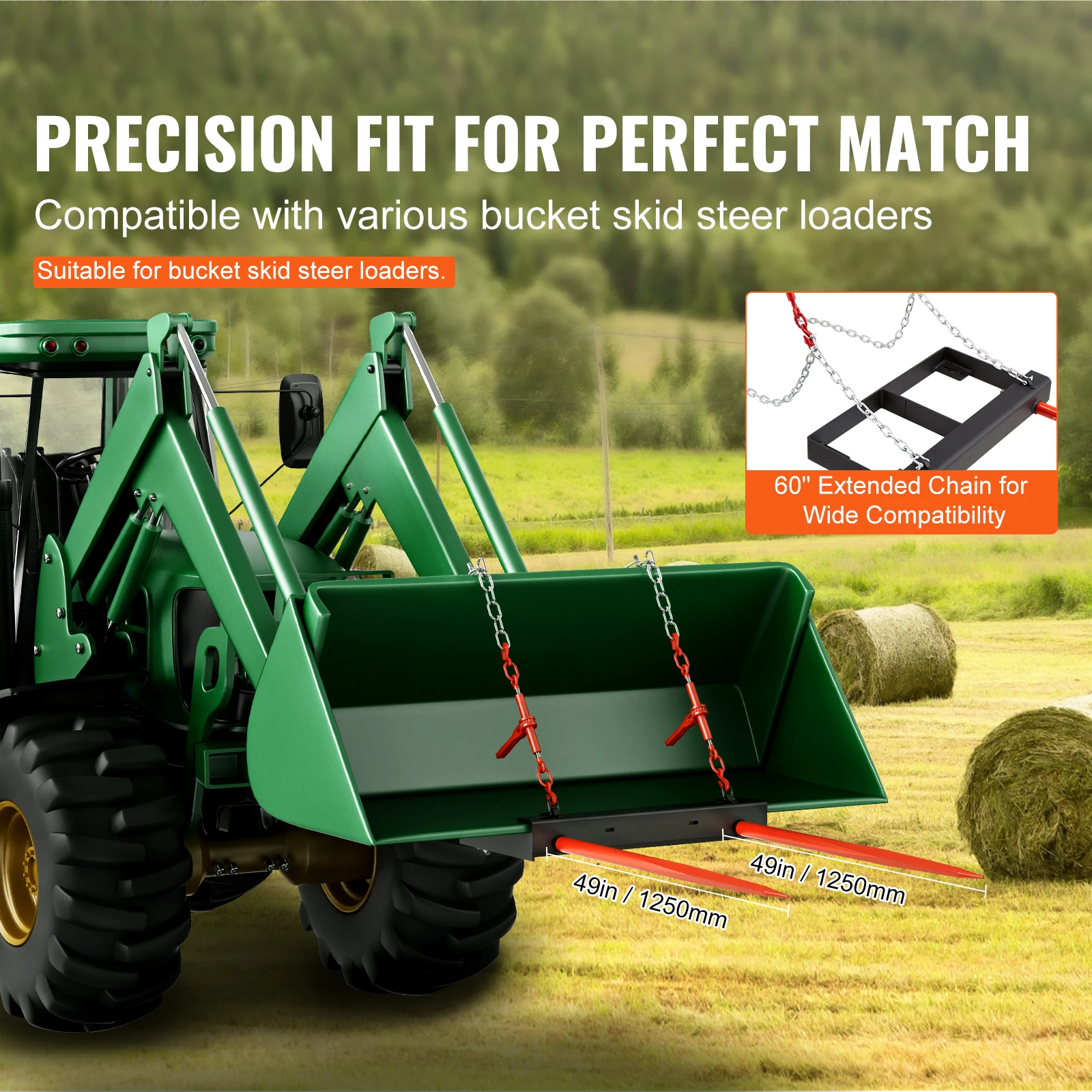 49" Hay Spear Bale Spears 3000lbs Loading Capacity Skid Steer Loader Tractor Bucket Attachment with Stabilizer Spears - Image 4