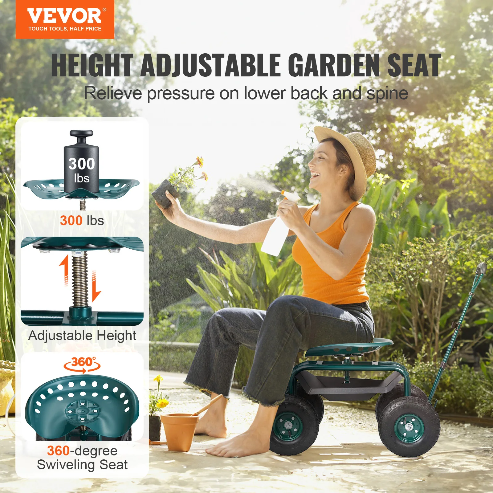 Garden Cart Rolling Workseat with Wheels Gardening Stool for Planting 360Degree Swivel Seat Wagon Scooter with Steering - Image 6