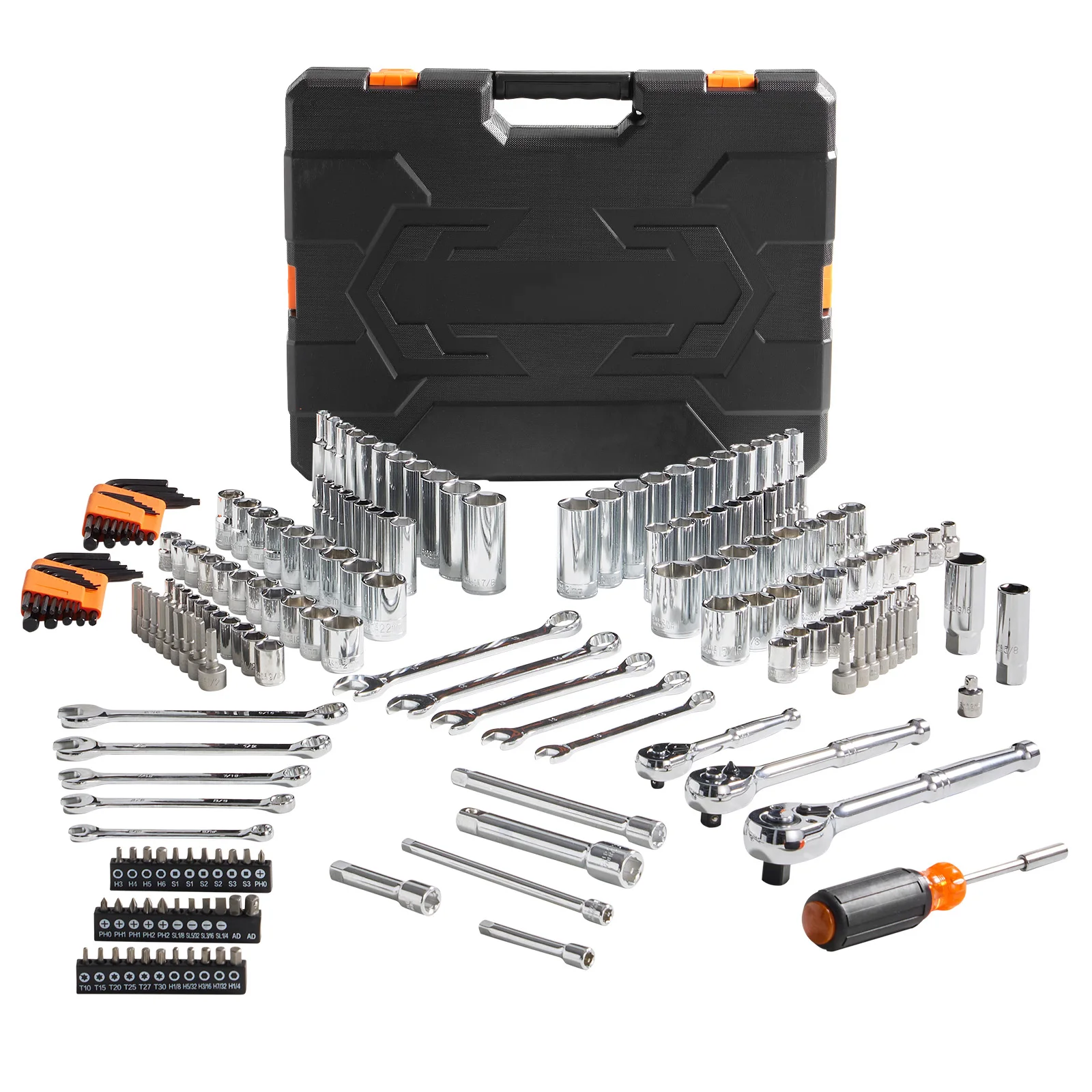 Mechanics Tool Set and Socket Set Deep and Standard Sockets 145/205 Pcs SAE and Metric Mechanic Tool Kit with Bits