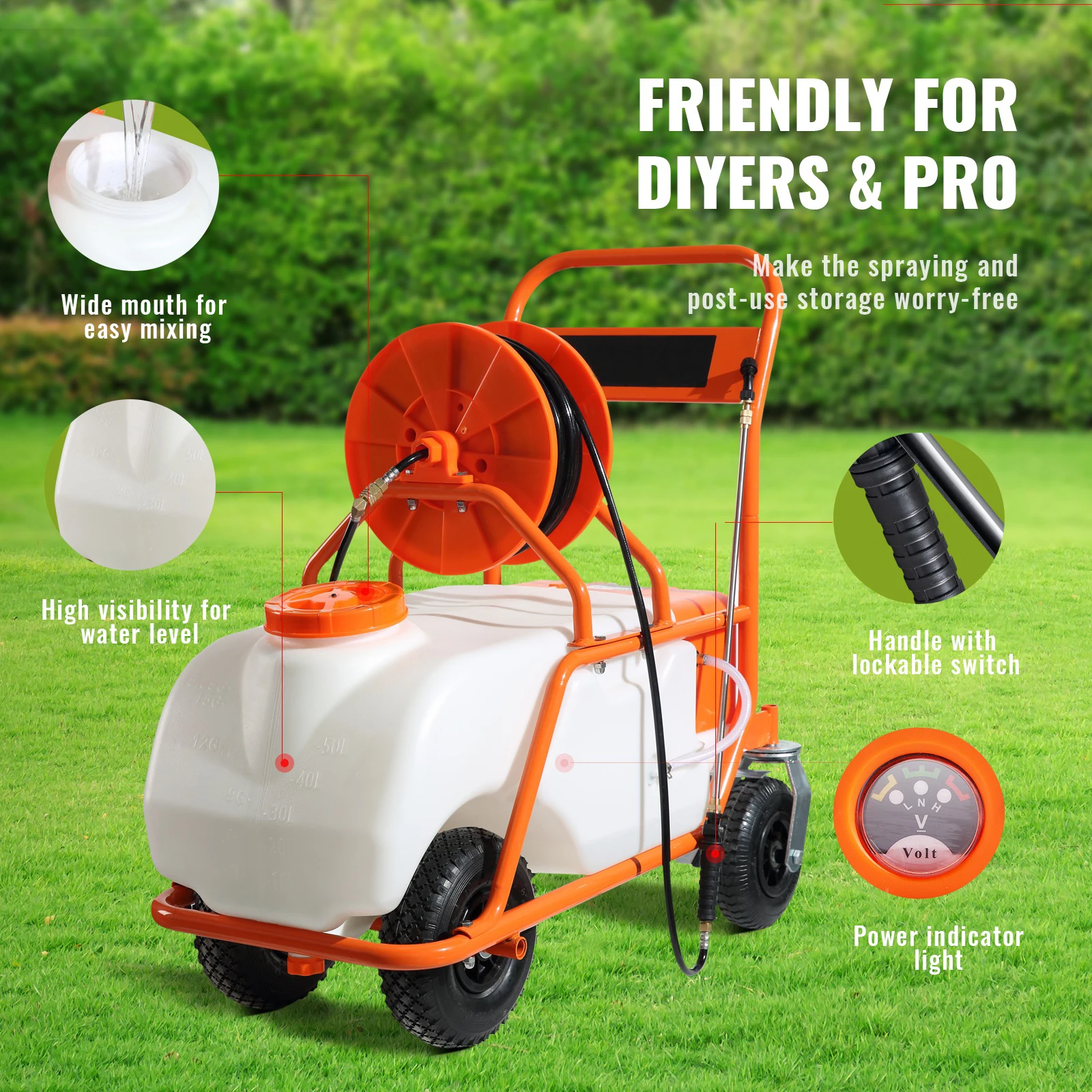 Battery Powered 15 Gal Garden Weed Sprayer with Wheeled Cart 126FT Hose with Reel 8 Nozzles 2 Wands with Lock for Crop - Image 2