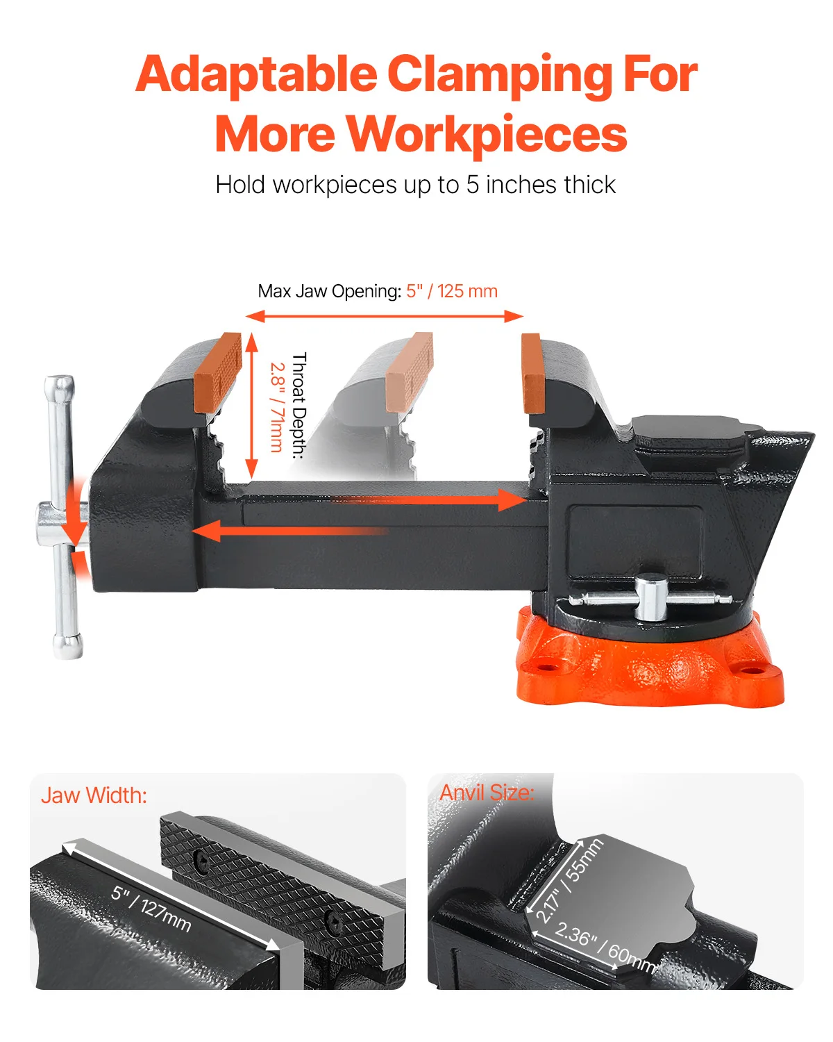 Bench Vise 5"/5.5"/8" Jaw Width Multipurpose Vise with 360° Swivel Locking Base Vise with Anvil for Clamping Round Pipe - Image 3