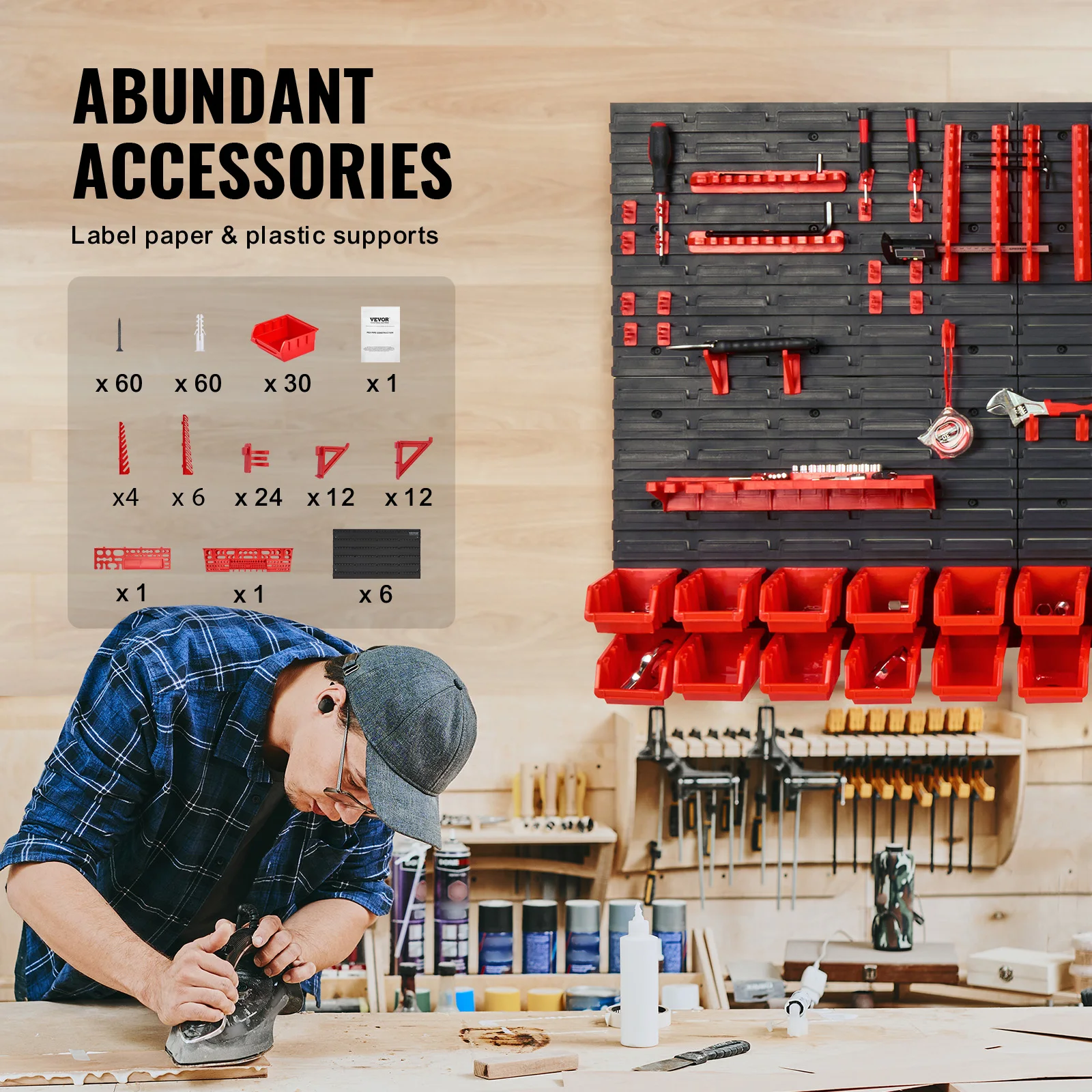 Wall Mounted Storage Bins 30/48Bin Parts Rack Organizer Garage with Wall Panels Hooks Plastic Shop Tool for Screw Nails - Image 5