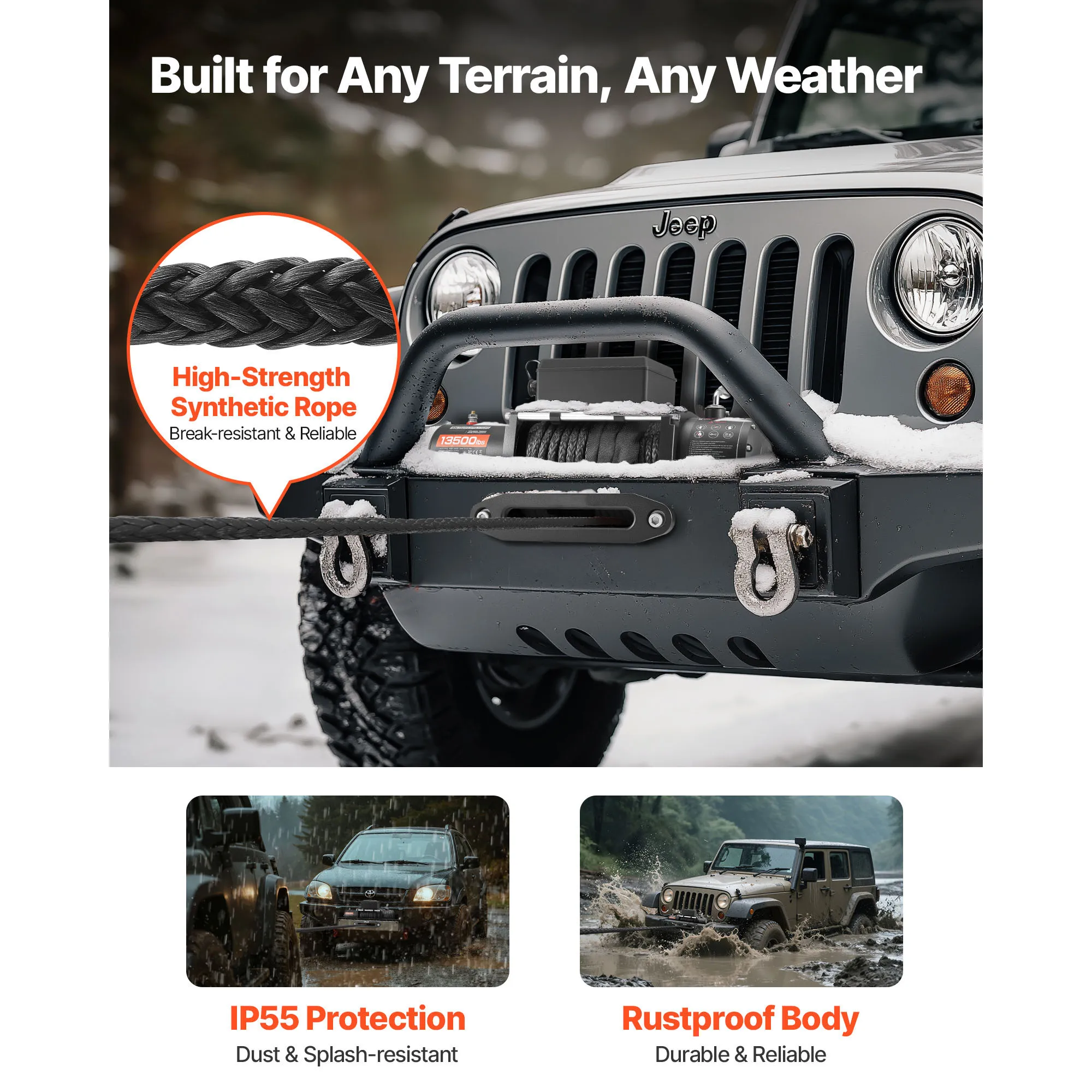 13500 lbs Electric Winch 12V Synthetic Rope Car Winch with Wired Wireless Control for Towing SUV Off-Road Jeep Trailer - Image 4