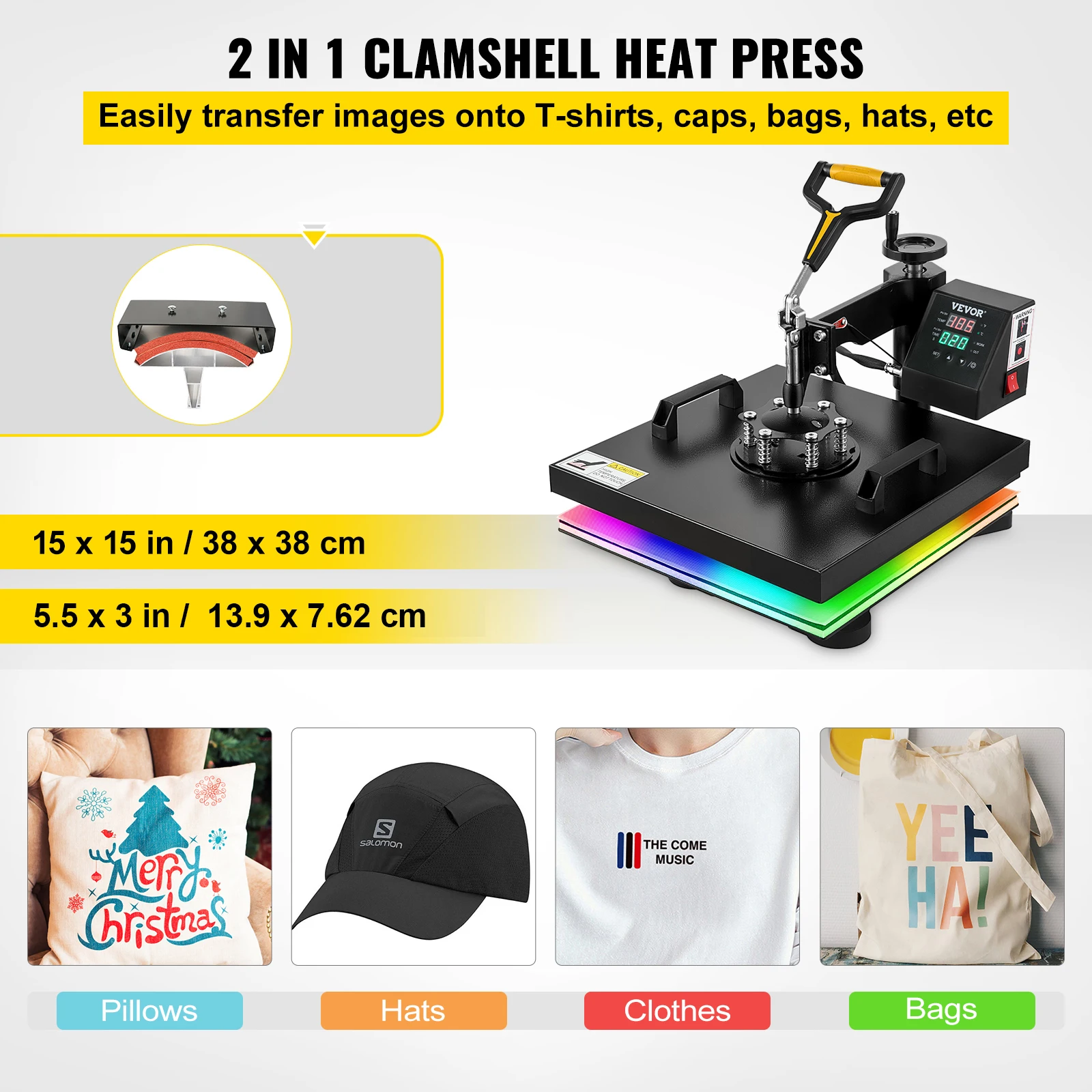 2In1 Heat Press Machine 38*38CM Multifunctional 360° Swing-Away Digital Sublimation Printer Transfer DIY T-shirt Cap - Image 2