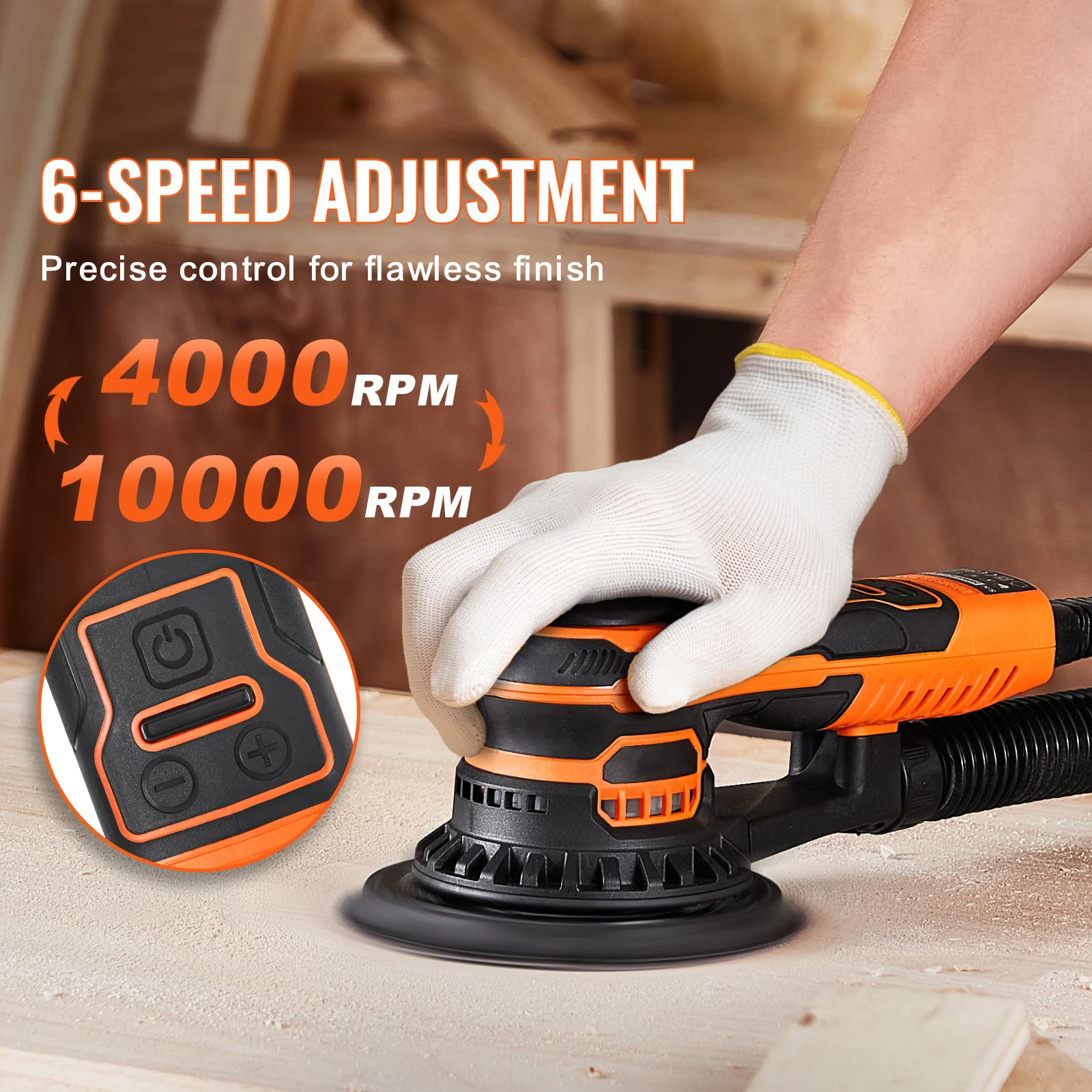 Random Orbital Sander 350W Brushless 10000 PRM 6 Variable Speed Electric Orbital Sander for Woodworking Detail Sanding - Image 6