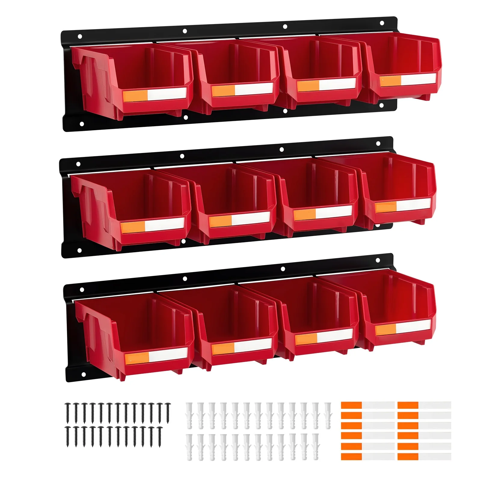 Wall Mounted Storage Bins 12 Plastic Bins & 3 Metal Rails Hanging Stackable Garage Workshop Nails Tools Organizer Box