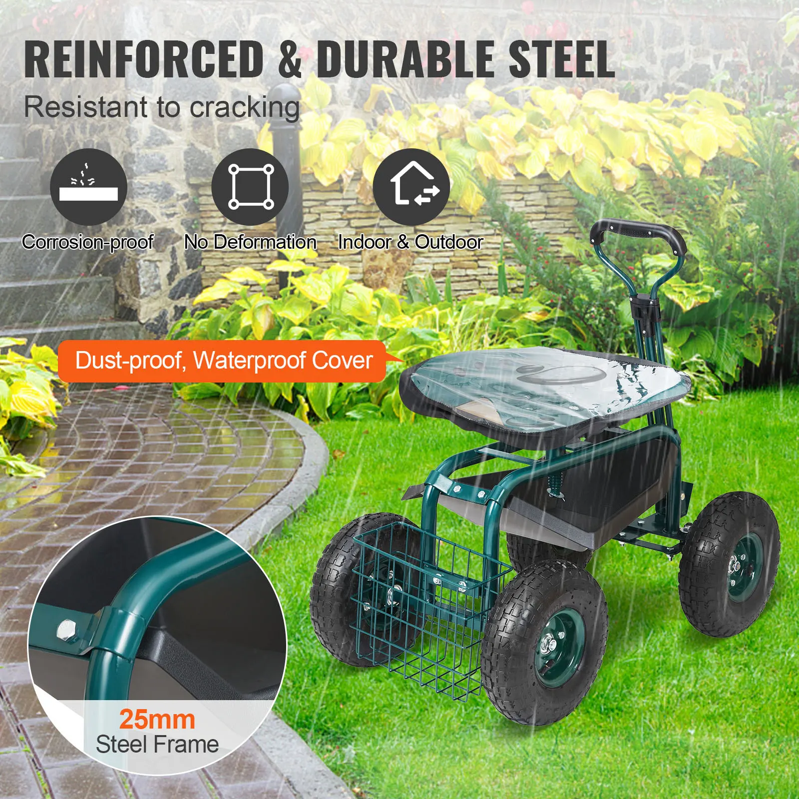 Garden Cart Rolling Workseat with Wheels Gardening Stool for Planting 360Degree Swivel Seat Wagon Scooter with Steering - Image 2