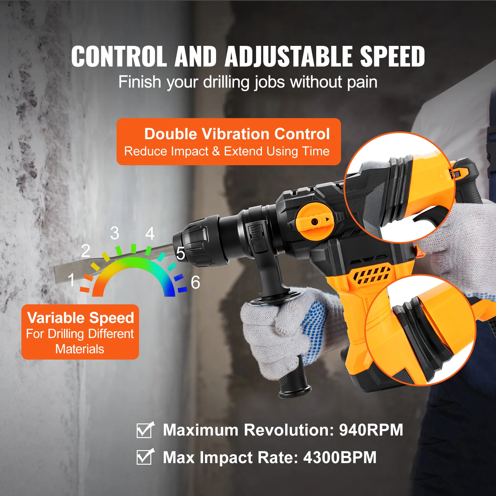 1500W Rotary Hammer Drill Max Drilling 32mm 4 Modes Plus Corded Demolition Chipping Metal Concrete Breaker Jackhammer - Image 4