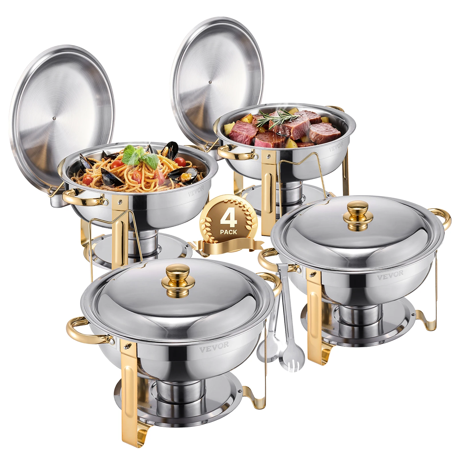 4 Pack Chafing Dish Buffet Set Stainless Steel Chafer w/4 Full Size Pan Round Catering Warmer Server for Party Banquets