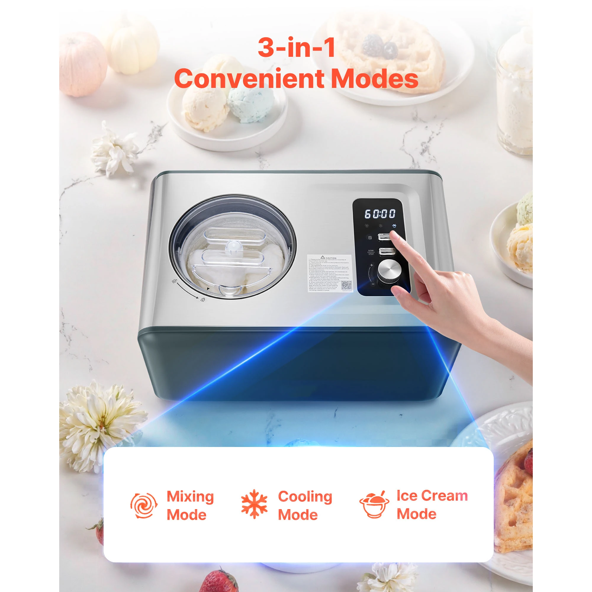 Automatic Ice Cream Maker w/Built-in Compressor 1.5QT No Pre-freezing Gelato Make Stainless Steel Electric Sorbet-Maker - Image 2