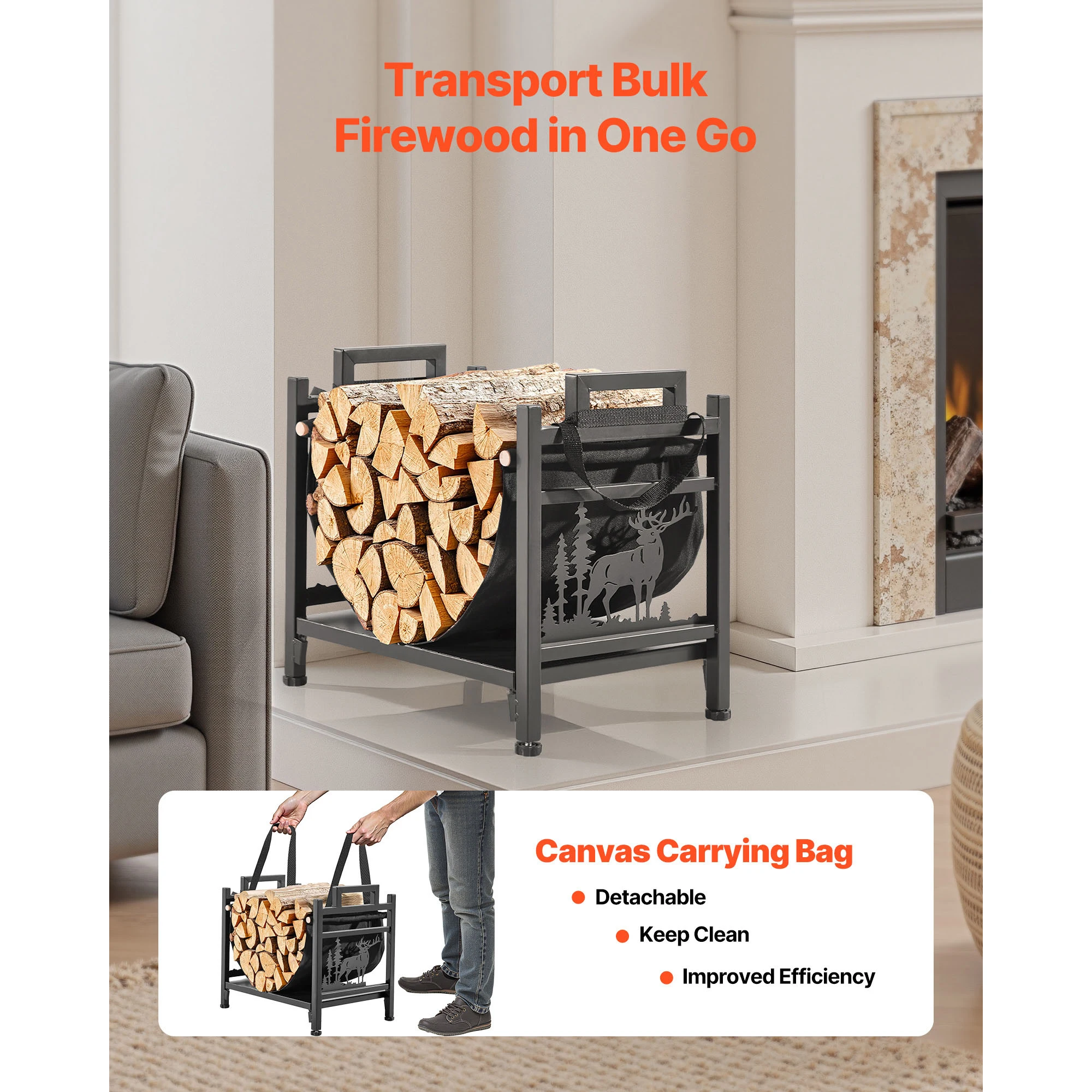 Indoor Firewood Rack 1/1.3/1.5 ft Curved Log Holder Powder-Coated Steel Firewood Holder Pile Stacker Rack for Fireplace - Image 3