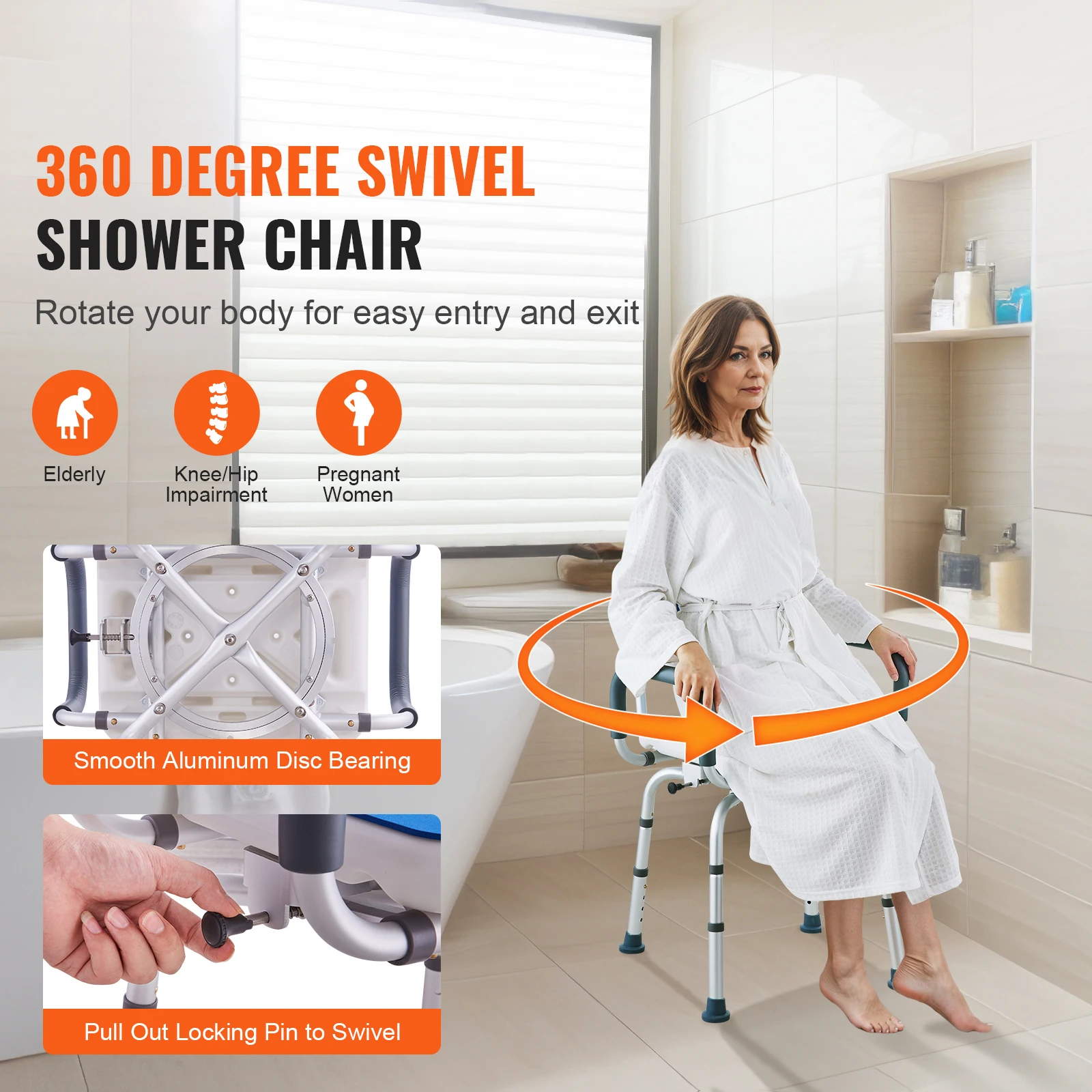 Swivel Shower Chair 360 Degree Adjustable with Armrest and Backrest for Shower or Bathtub Non-Slip for Elderly Disabled - Image 2