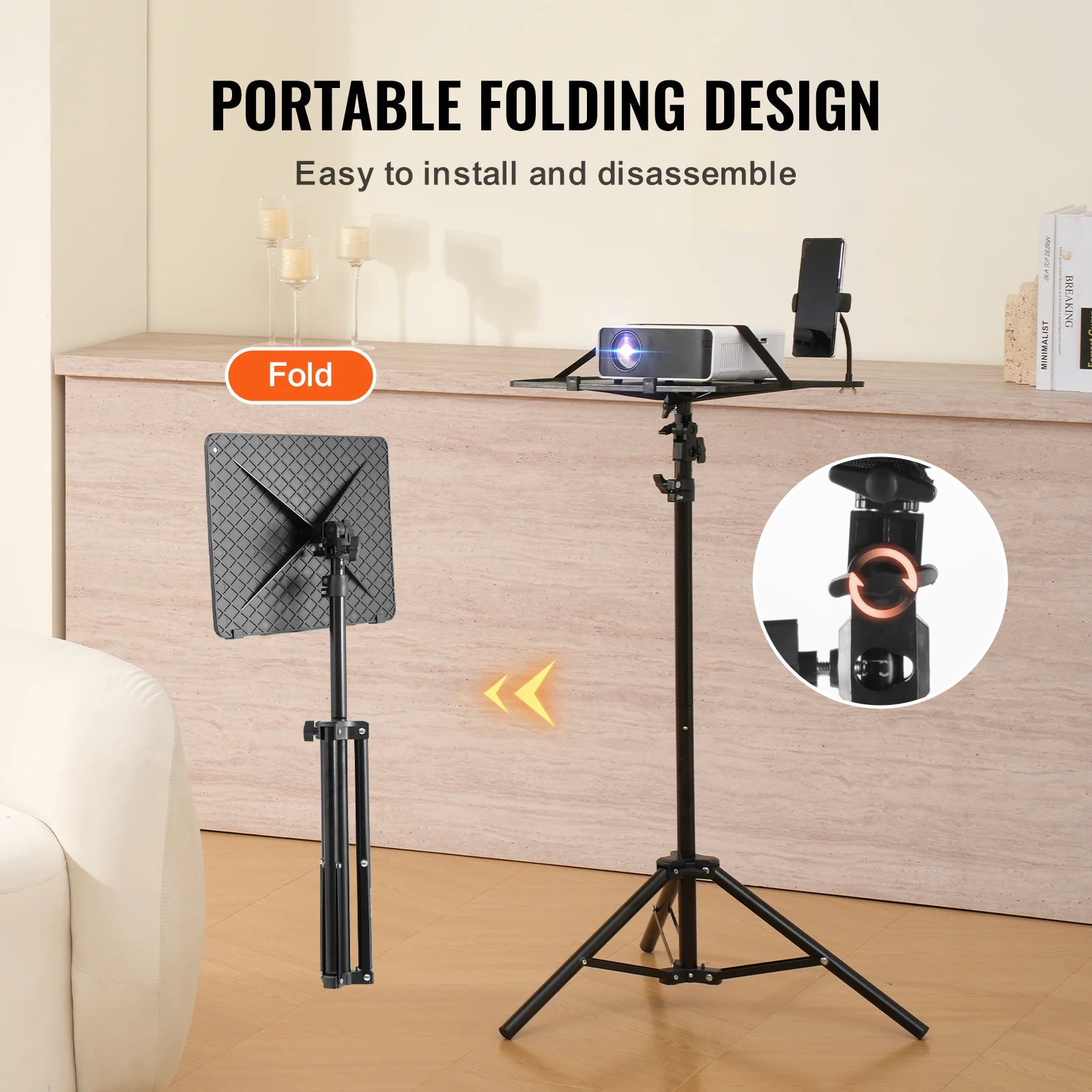 Portable Projector Tripod Stand Adjustable Height w/ Tray & Gooseneck Phone Holder for Outdoor Movies Home Office Stage - Image 5