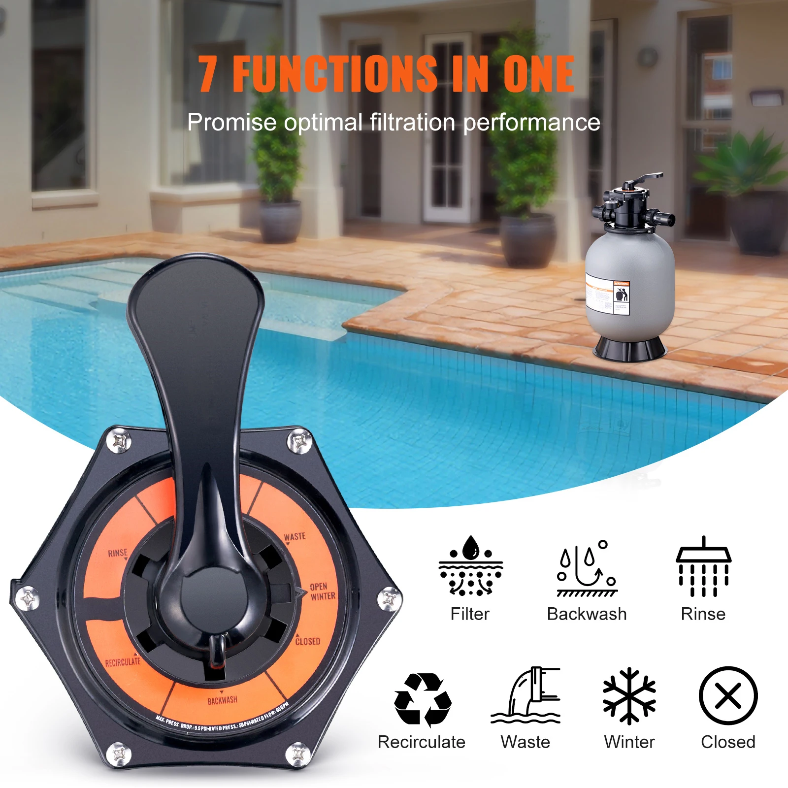 16/19/22/24 Inch Sand Filter 7-Way Multi-Port Valve & High GPM Flow Rate Above Inground Swimming Pool Sand System Gray - Image 4