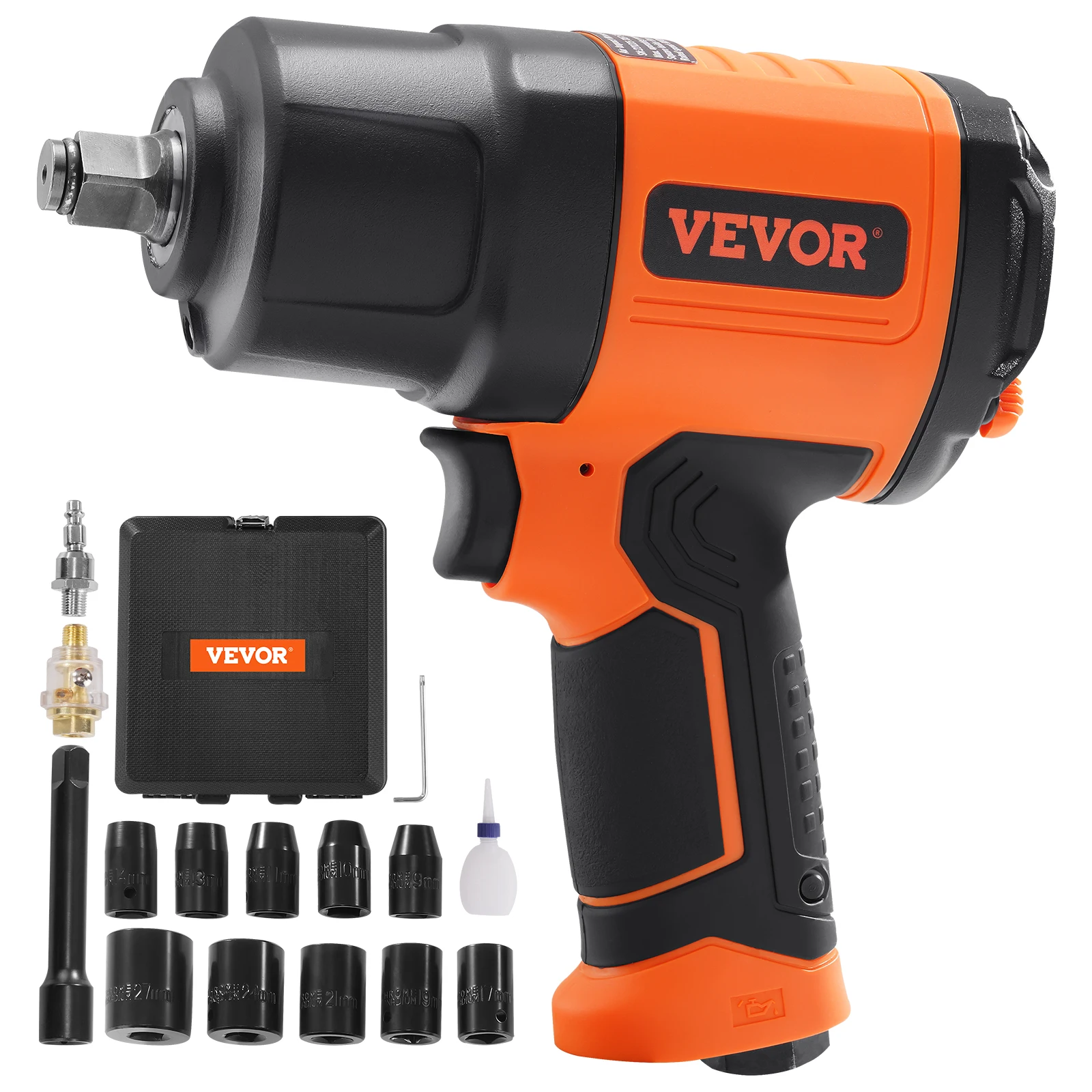 Lightweight 4.6 lb Design Pneumatic Impact Gun with 11-PCS 1/2-Inch Drive CR-V Steel Impact Socket Set & Carrying Case