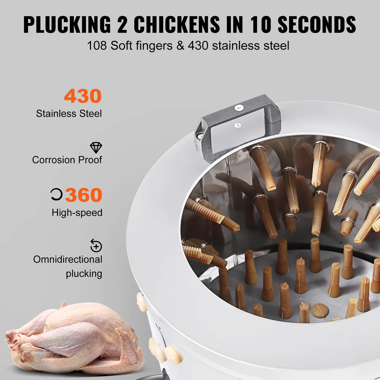 Chicken Plucker Machine 20inch Diameter Stainless Steel Drum 108 Soft Fingers 500W Poultry Plucking Debris Collection - Image 4